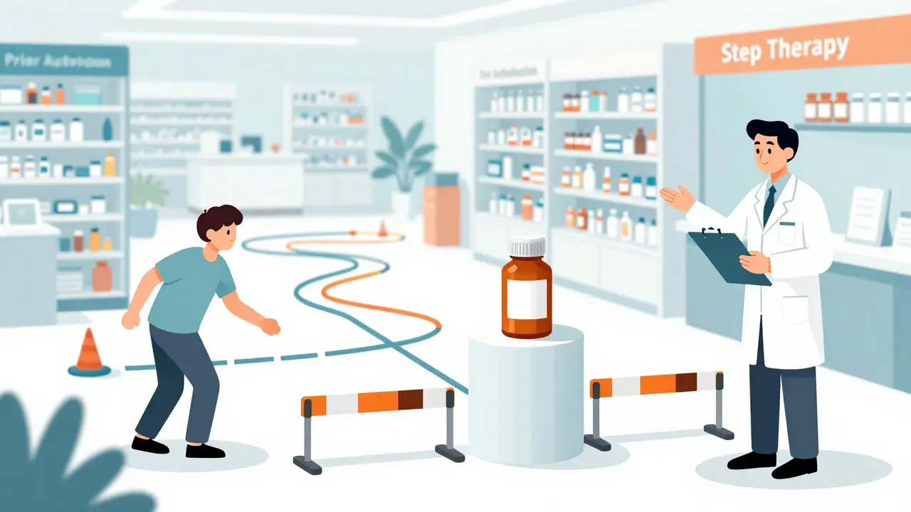 A patient navigating a conceptual obstacle course of medical authorizations in a pharmacy