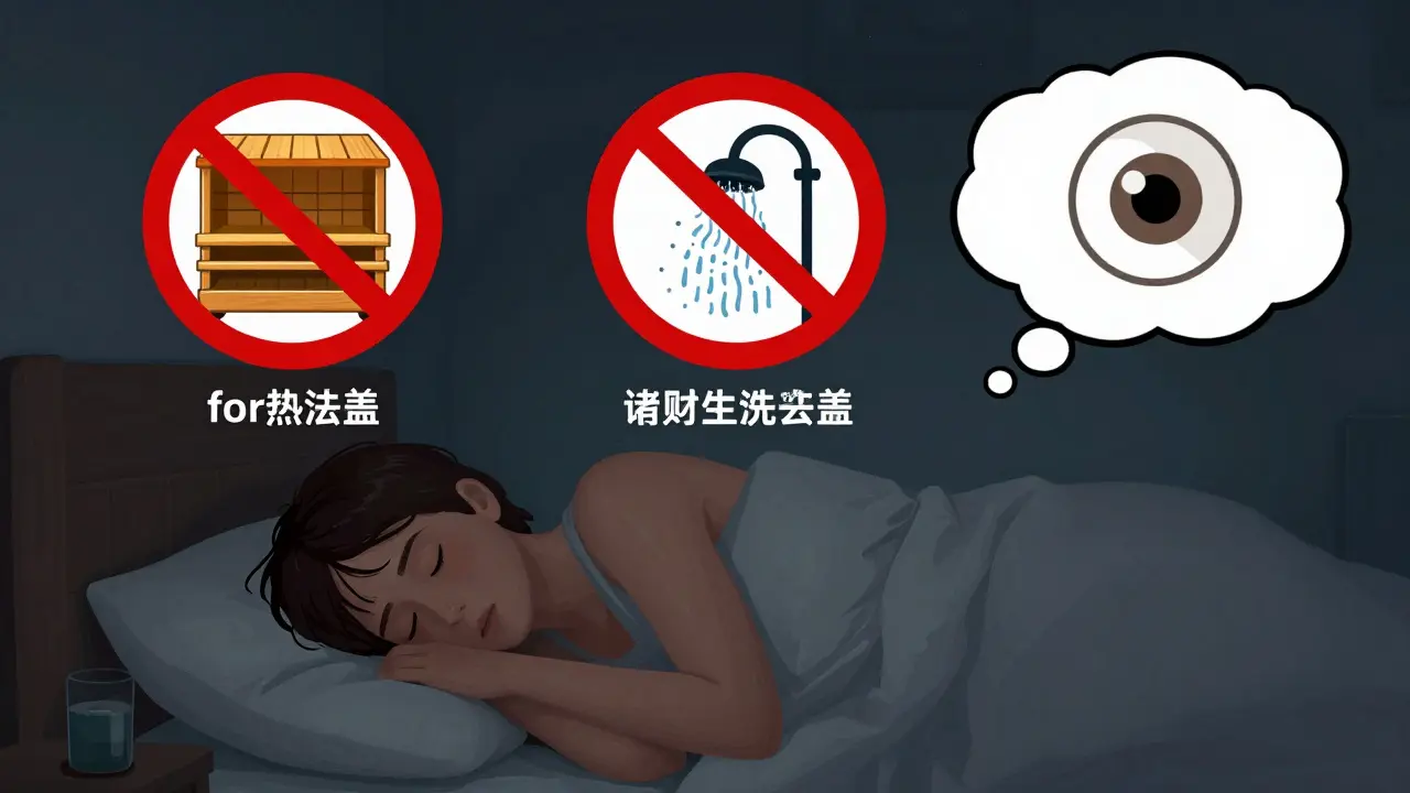 Art showing a sleeping person surrounded by red prohibition signs over a sauna and hot shower.
