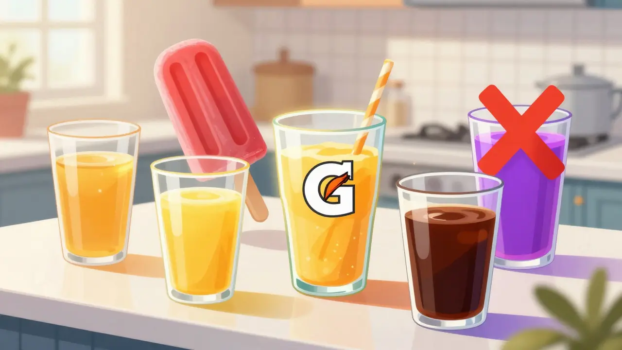 Assortment of allowed clear liquids and forbidden red and purple drinks.