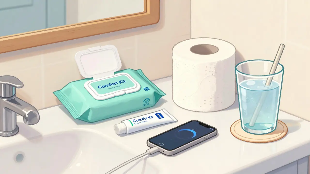 Bathroom comfort kit with wet wipes, ointment, and a phone charger.