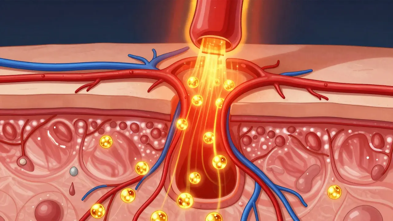 Conceptual diagram of heat causing medication to rush into dilated blood vessels in the skin.