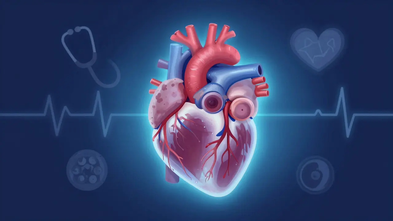 Conceptual illustration of a heart and relaxed blood vessels in blue tones