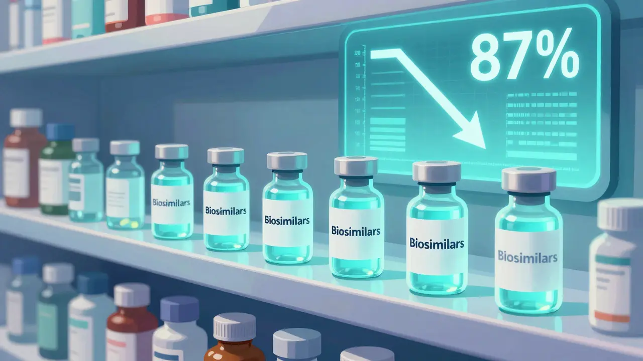 Futuristic pharmacy shelf featuring biosimilar vials and digital cost-saving statistics