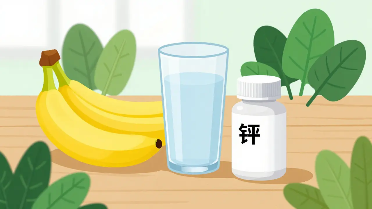Generic medication paired with healthy foods like bananas and spinach for wellness.