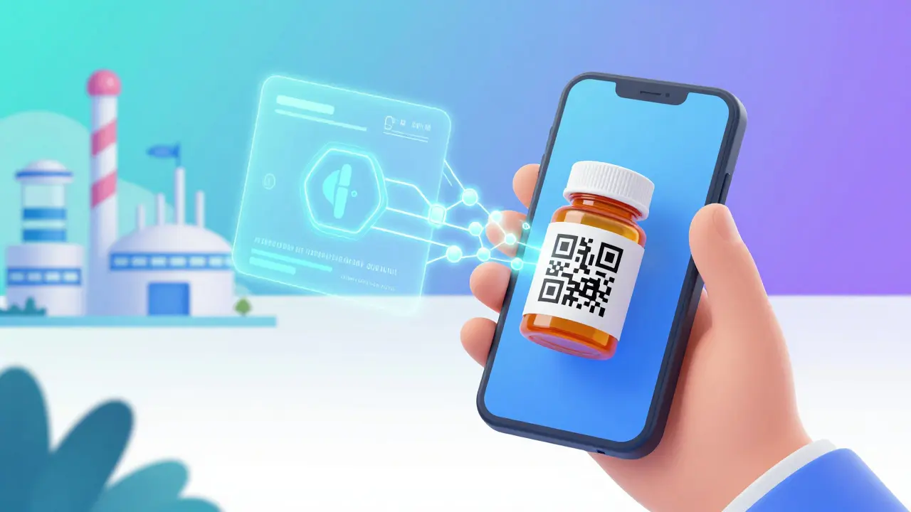Smartphone scanning a QR code on a medicine bottle with holographic blockchain effects