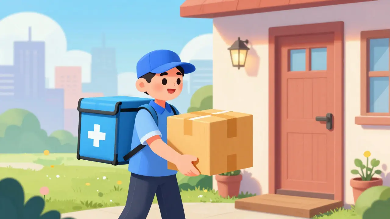 Stylized delivery package with a medical symbol arriving at a home doorstep